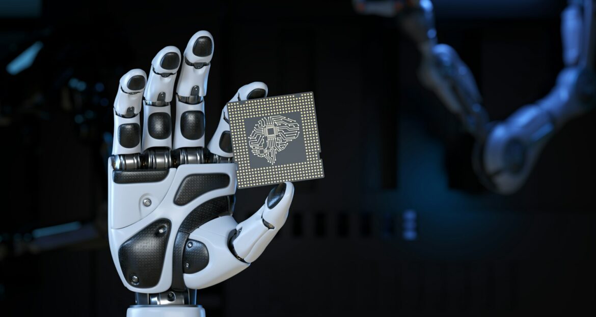 Robot’s Hand Holding an Artificial Intelligence Computer Processor Unit Robot's Hand Holding an Artificial Intelligence Computer Processor Unit