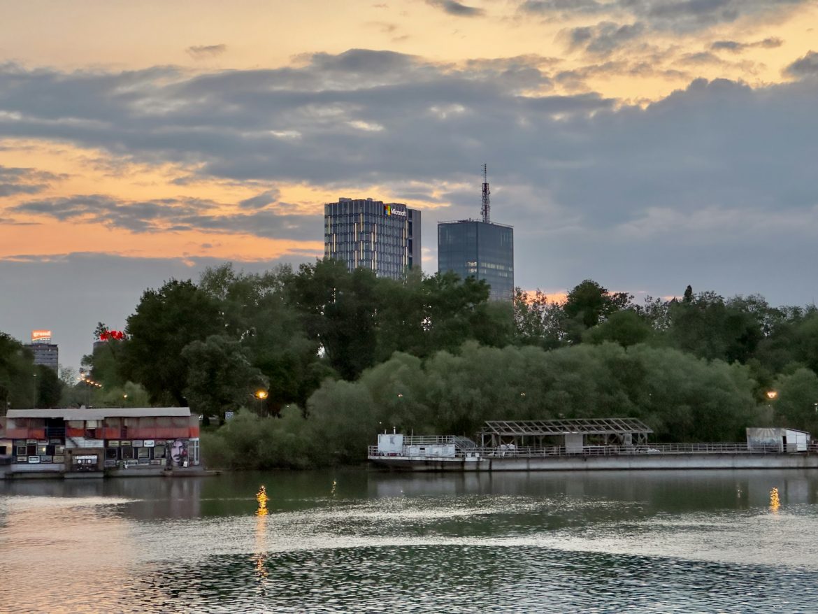 Microsoft Tower in Belgrade at sunset
