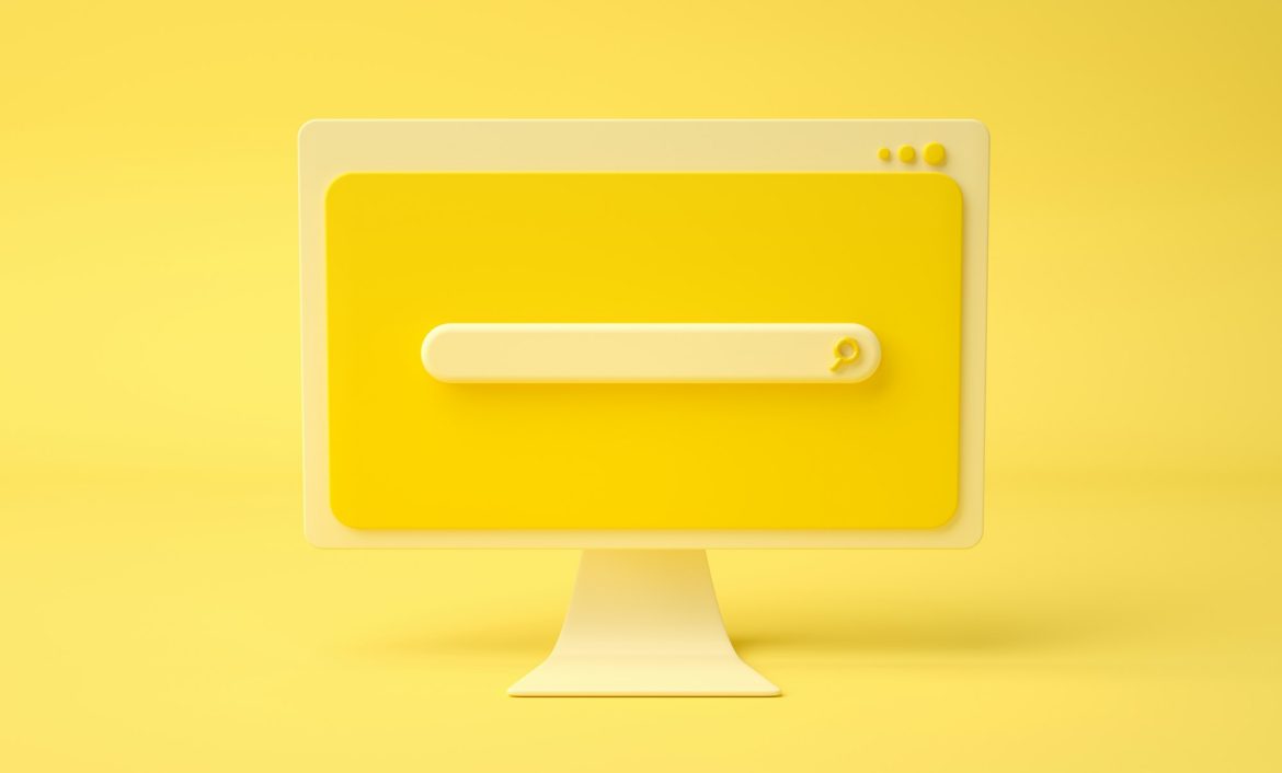 Search bar webpage on cartoon computer screen, yellow background. 3d render