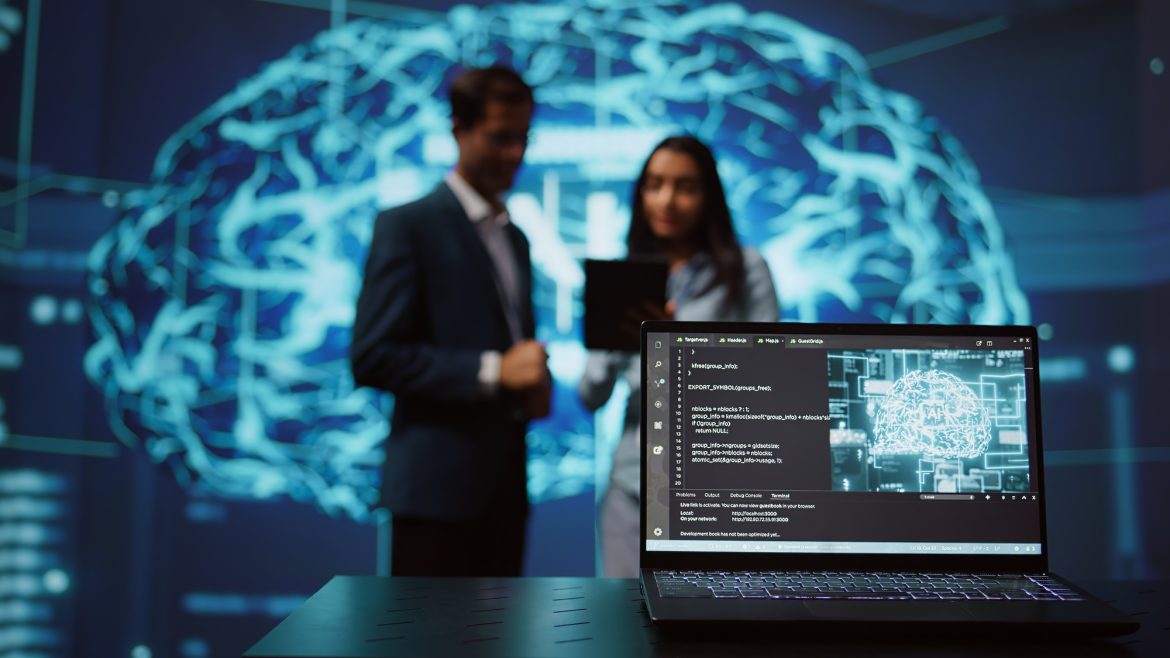 Close up of notebook used by employees developing AI systems in tech startup تطبيقات الذكاء الإصطناعى