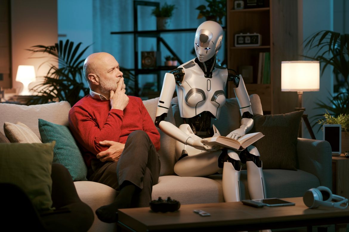 Senior man and android robot reading a book together