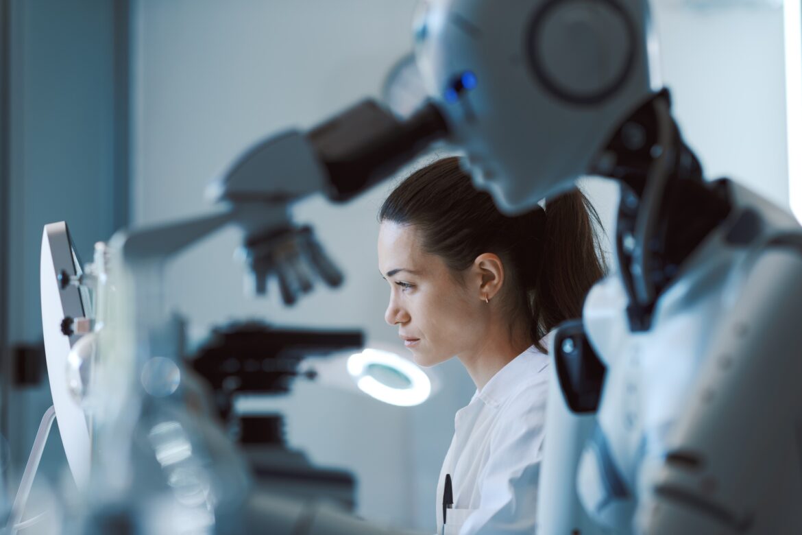 AI robot examining samples under a microscope