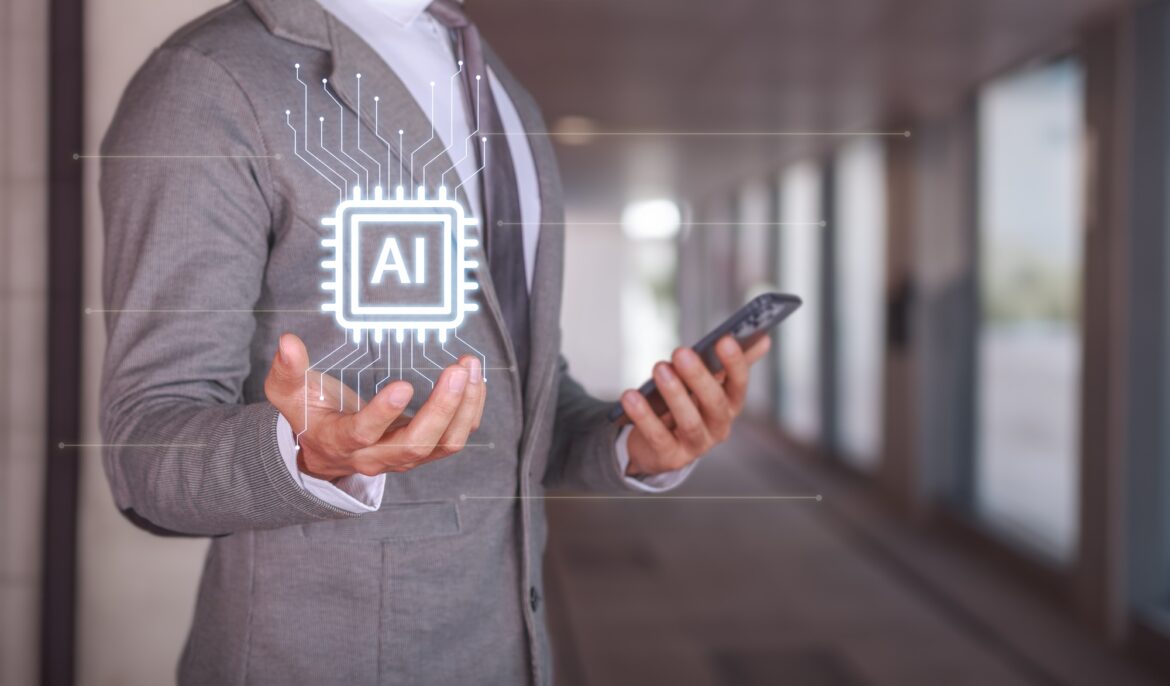 Businessman Holding Smartphone with AI Technology Concept in Modern Office Businessman Holding Smartphone with AI Technology Concept in Modern Office