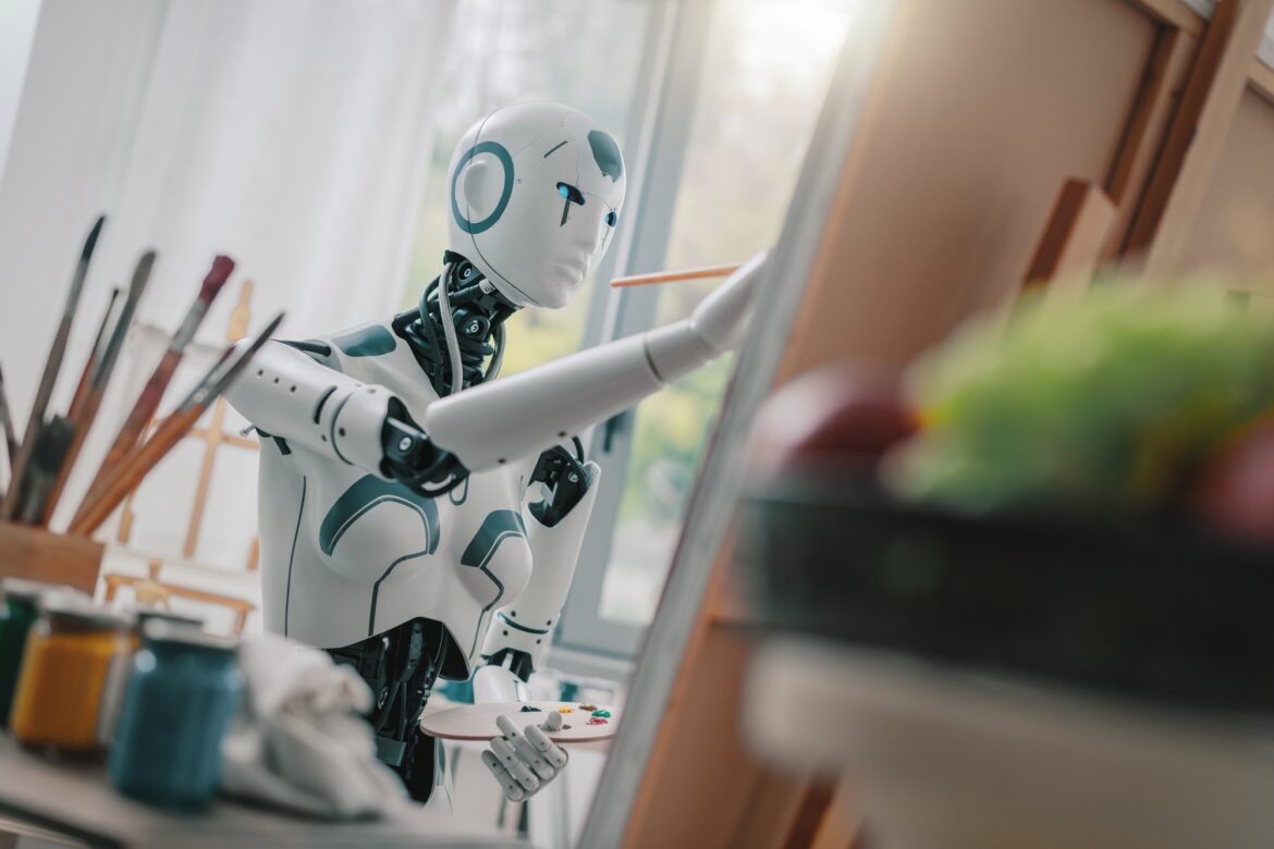 AI robot painting in the art studio