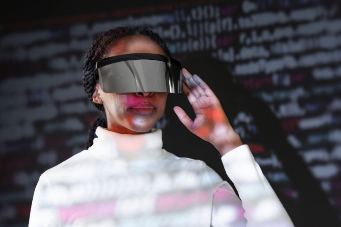 Female programmer with smart glasses