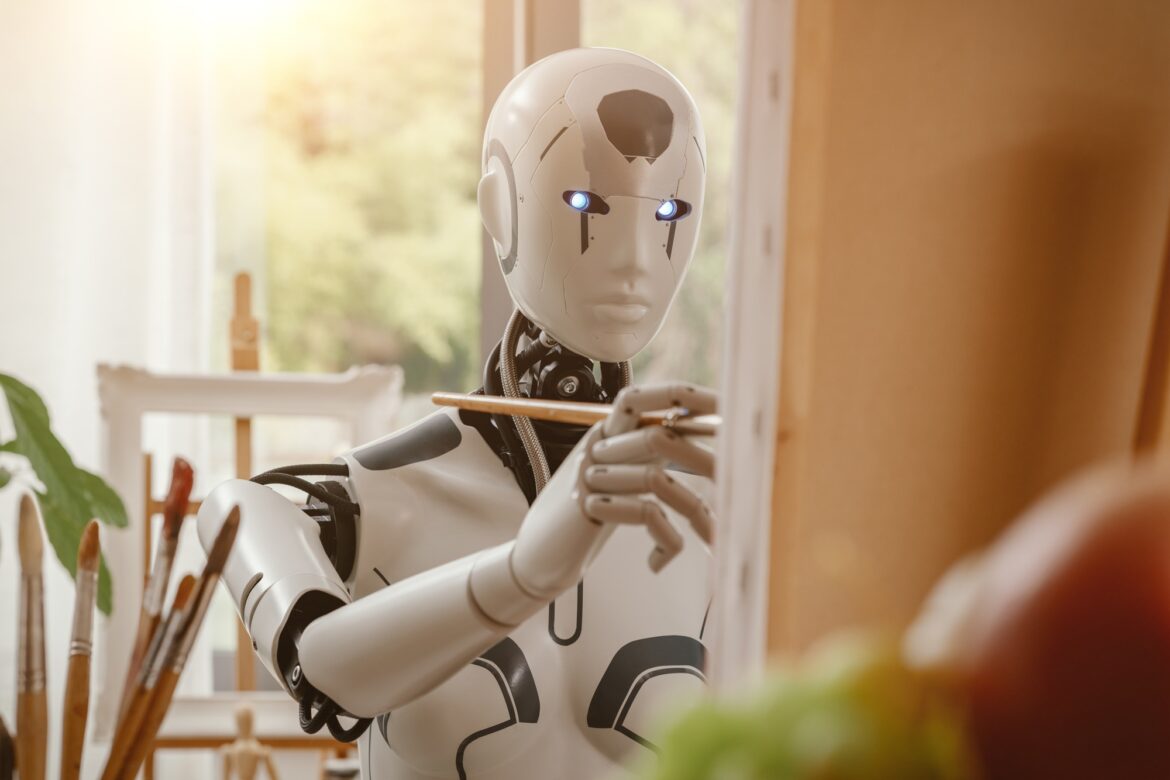 Android AI robot painting in the studio