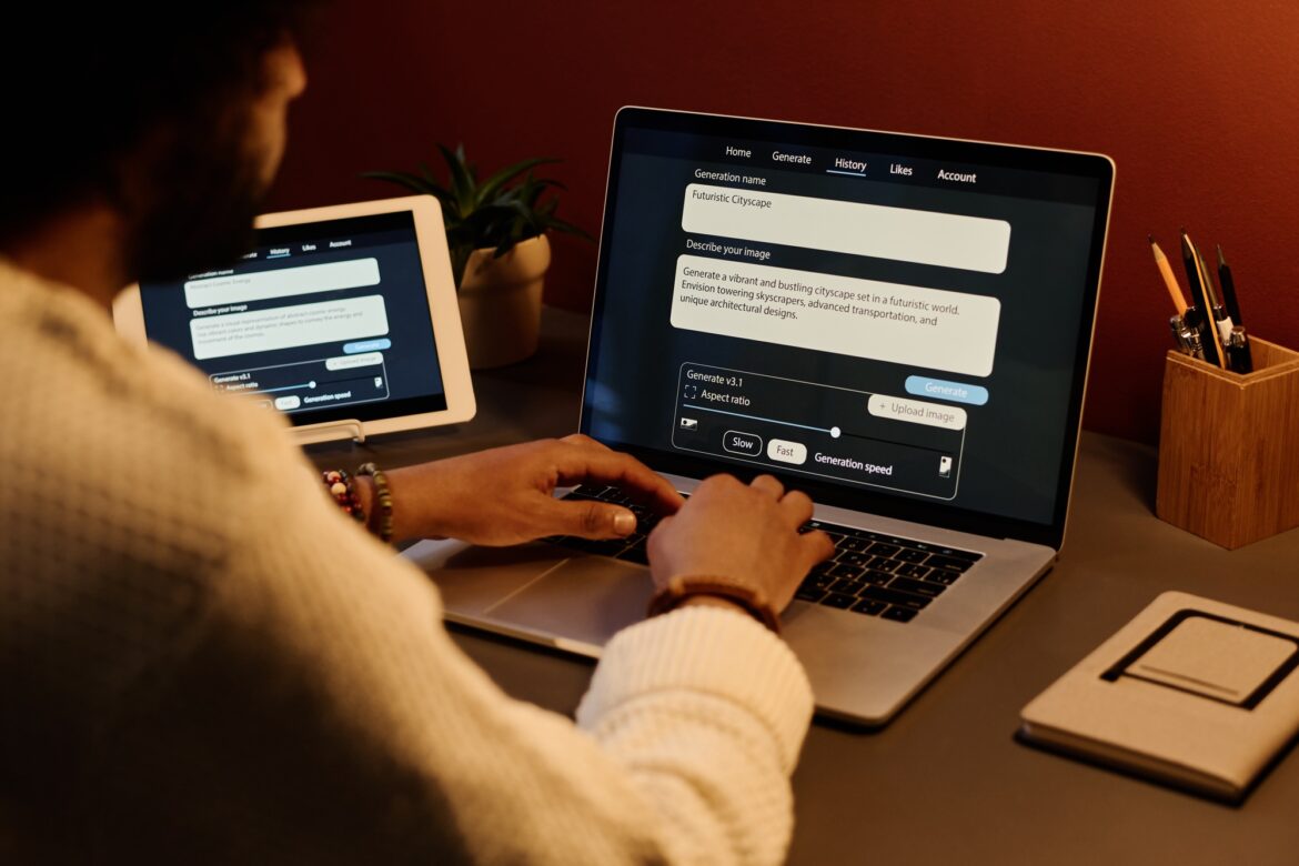 Young male AI designer networking