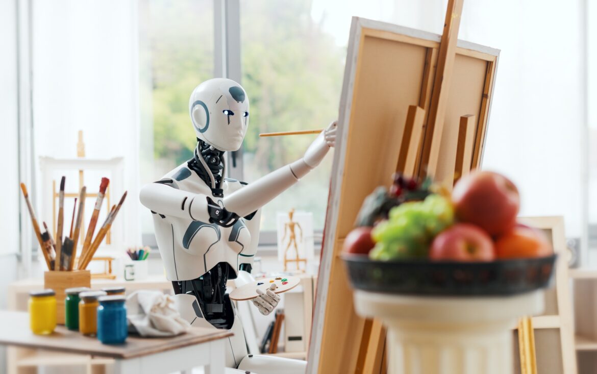AI robot painting in the art studio