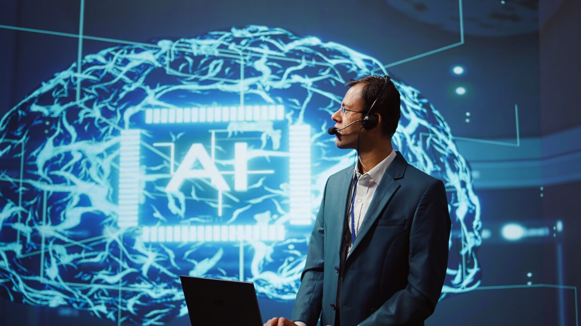 Speaker talking with audience during remote call online AI webinar