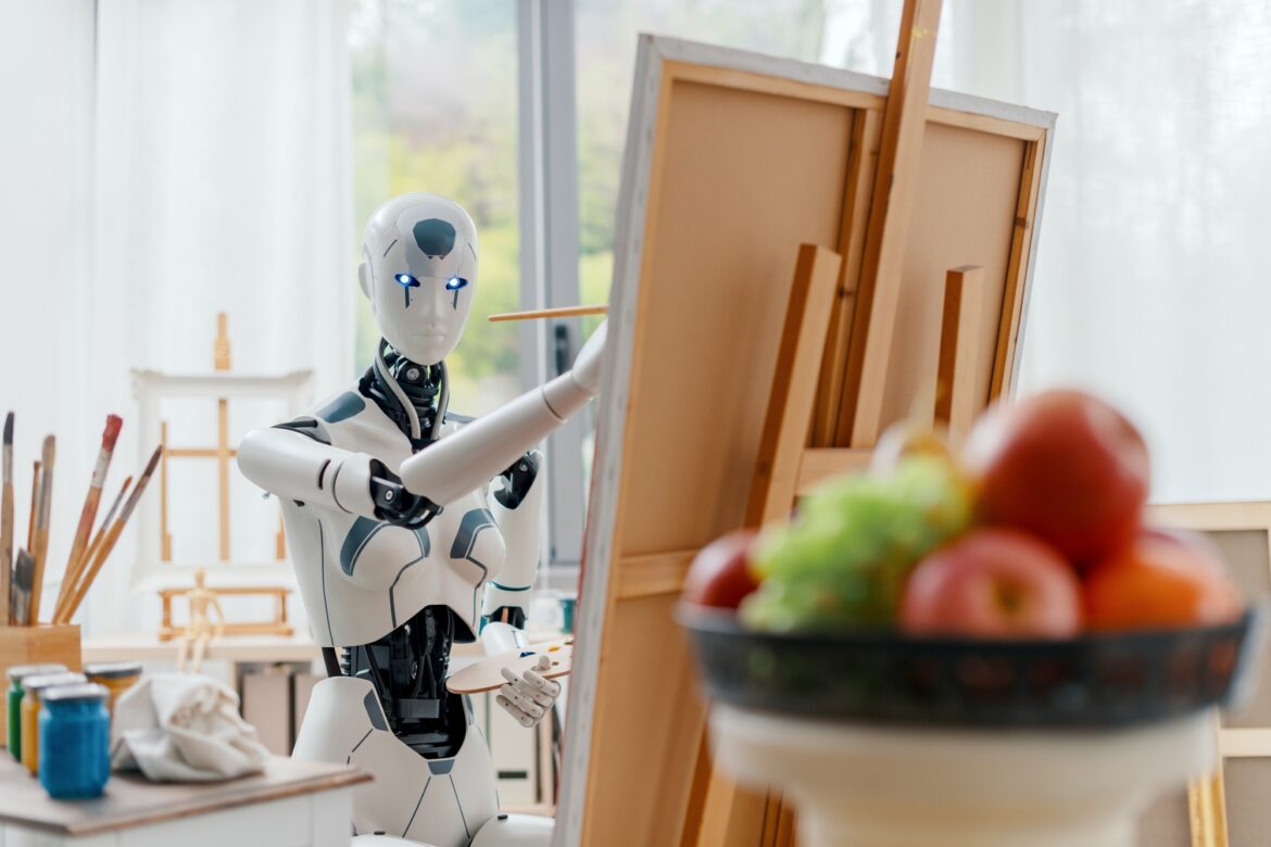 AI robot painting in the art studio AI robot painting in the art studio