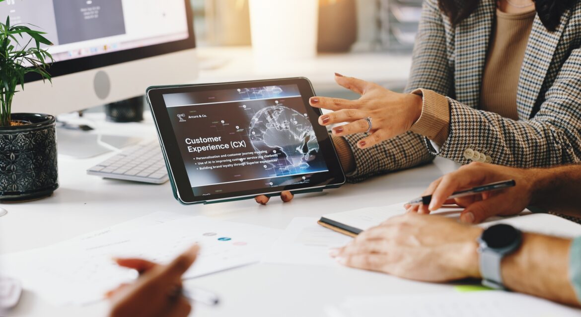Business people, hands and tablet screen with UI for AI software or user friendly interface. Closeu Business people, hands and tablet screen with UI for AI software or user friendly interface. Closeu