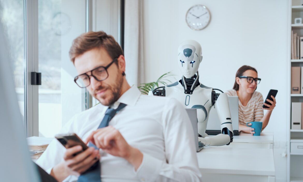 Efficient AI robot working and lazy employees