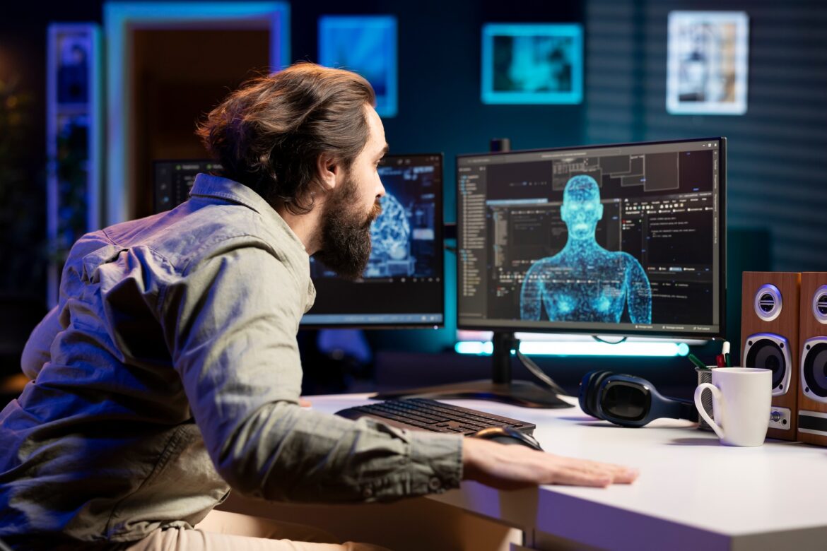 Self aware AI gaining anthropomorphic form inside cyberspace, shocking man Self aware AI gaining anthropomorphic form inside cyberspace, shocking man