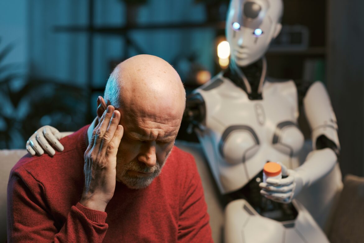 Caring AI robot giving medicines to a senior man