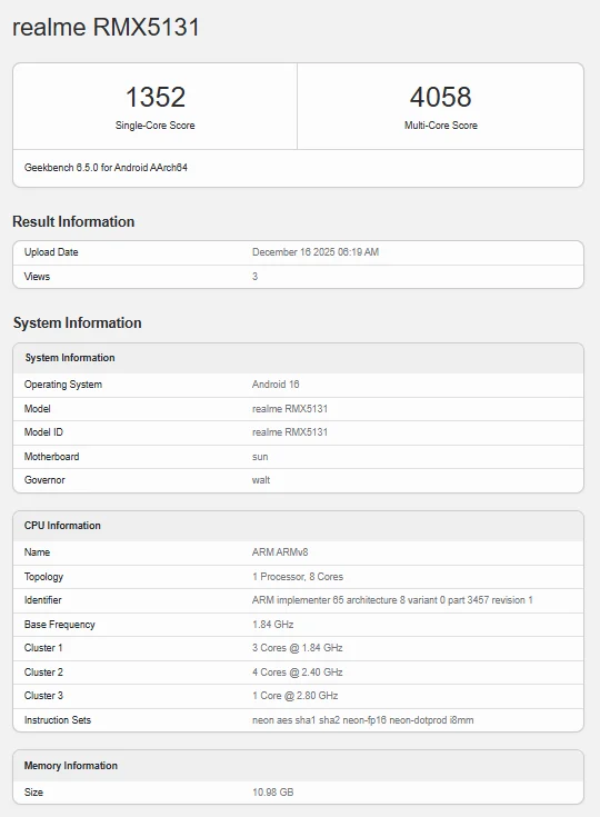 Geekbench لهاتف Realme 16 Pro Plus