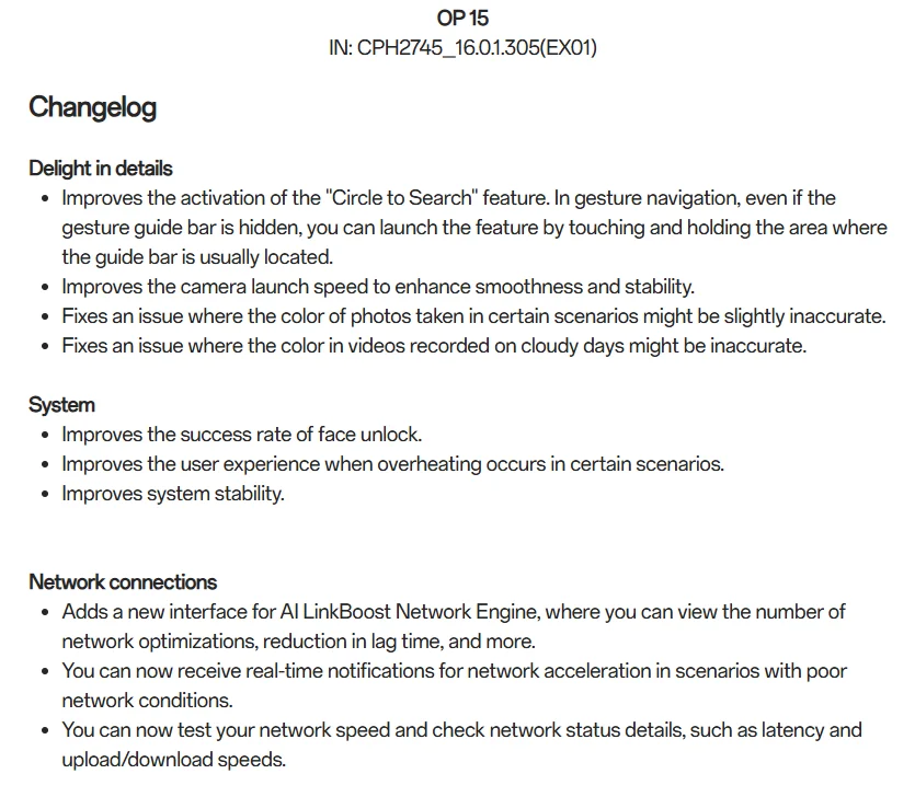 OnePlus 15 OxygenOS 16.0.1.305 official changelog