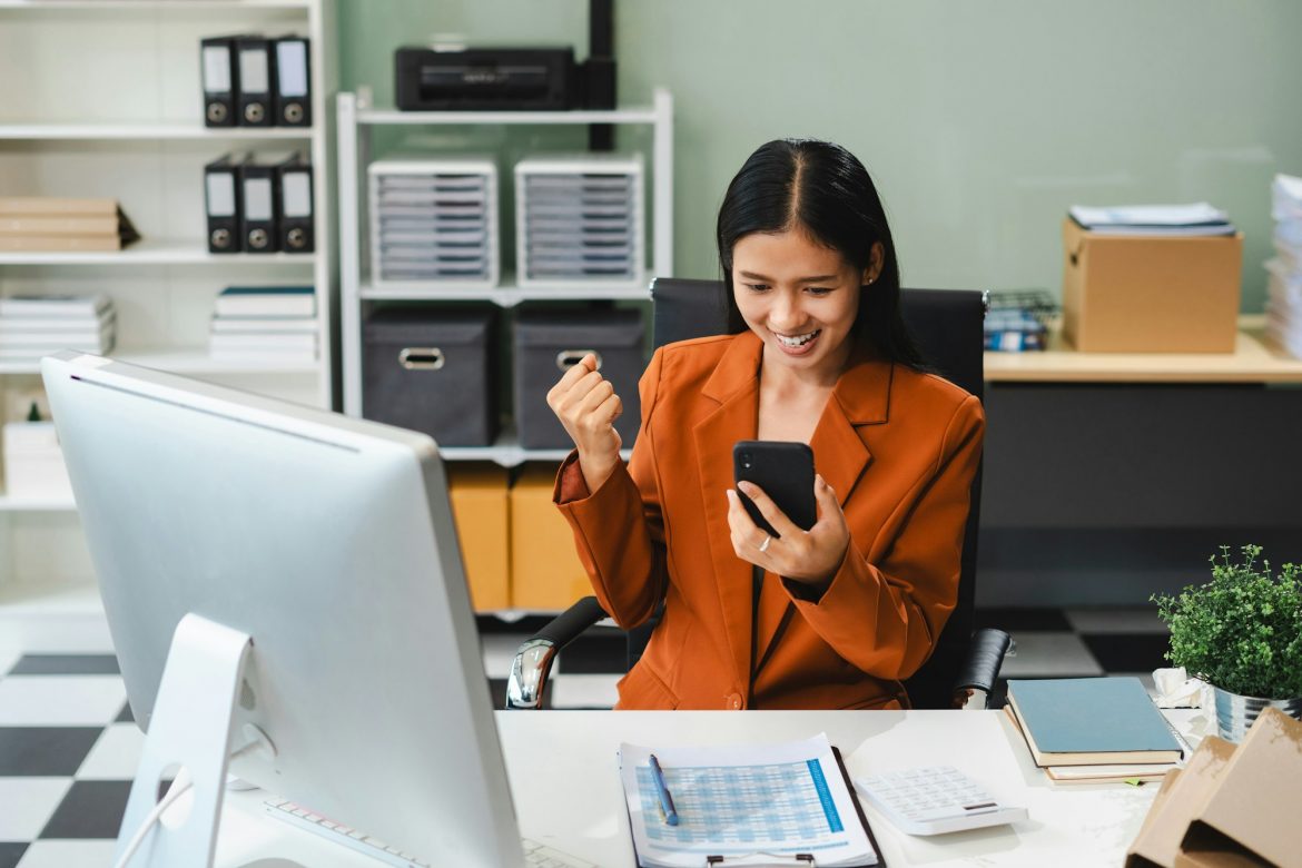 business woman are excited business success with inspiration from their excellent financial results