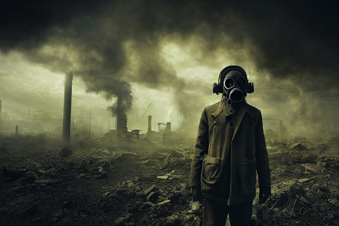 man with gas mask in apocalyptic post war environment