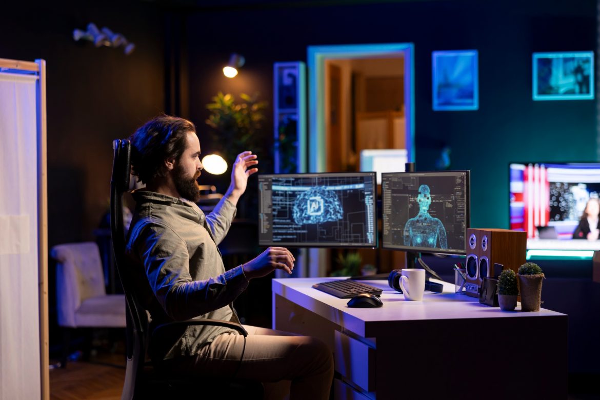 IT professional in home office worried by conscious artificial intelligence