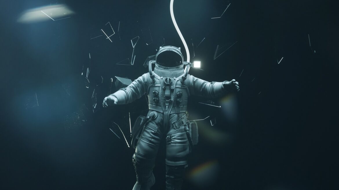 Astronaut is falling down in the outer space with broken mirrors