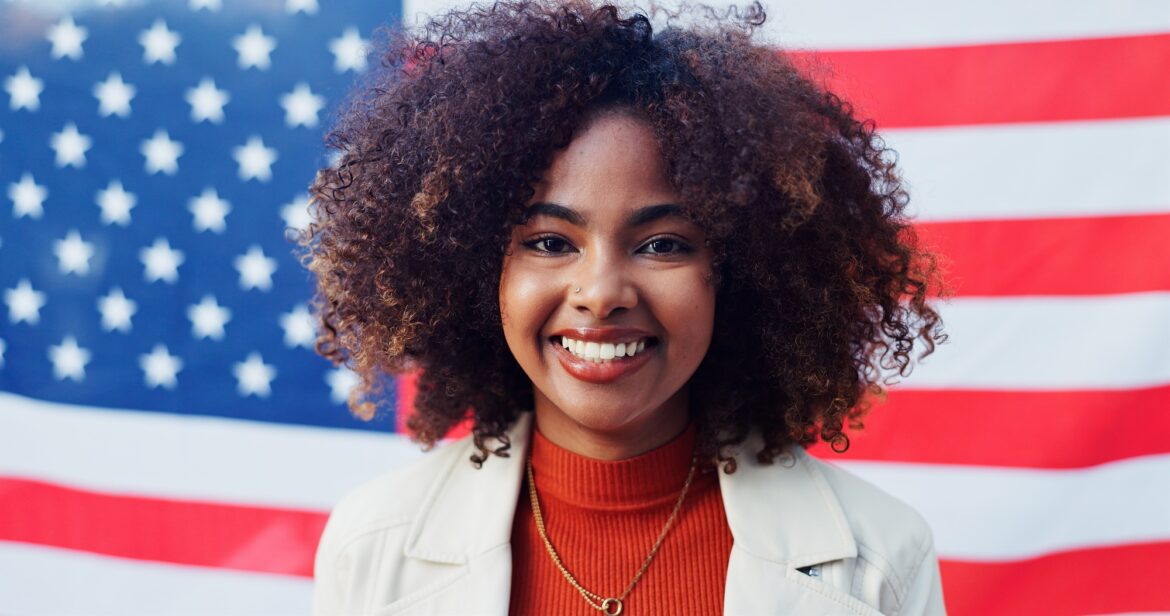 Black woman, portrait and american flag for billboard fabric, pride and heritage in background. Cul