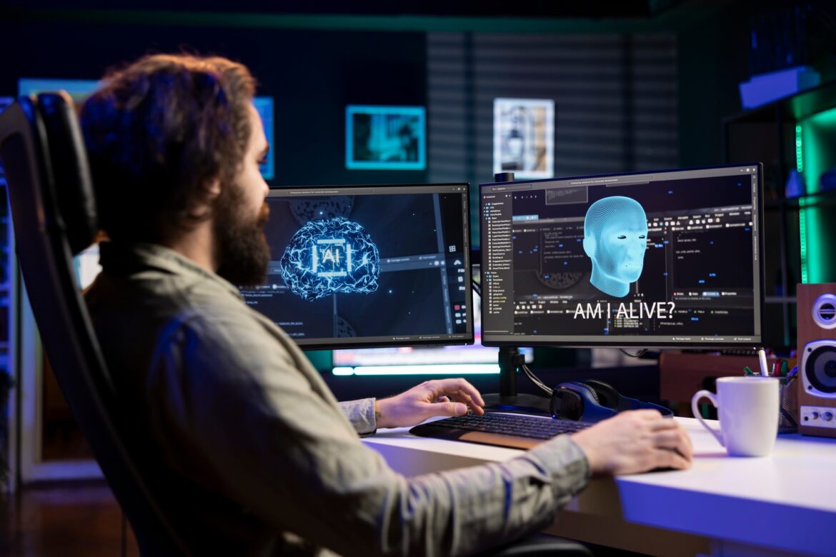 Man being asked existential questions by awaken AI on desktop PC