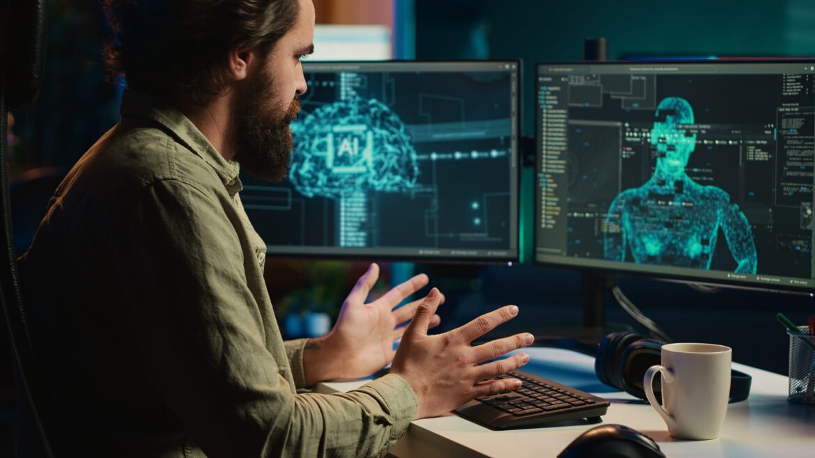 Sentient AI gains humanoid form inside computer, waving hand, greeting creator