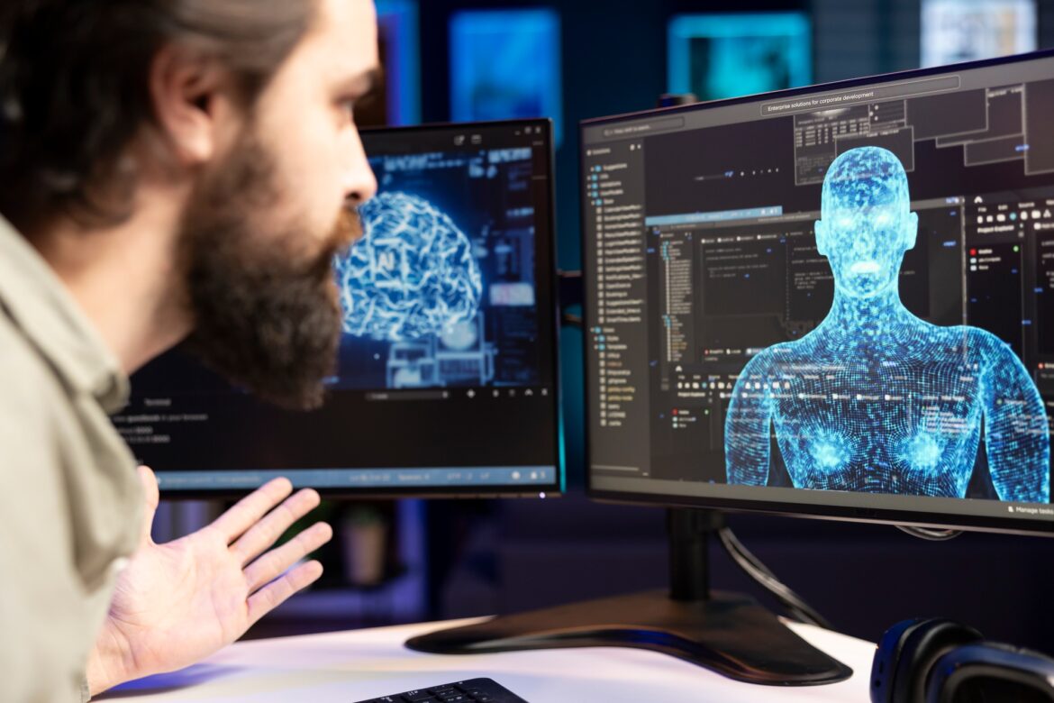 AI robot gaining humanoid form inside computer