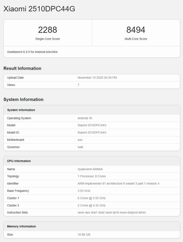 Poco F8 Pro Geekbench listing