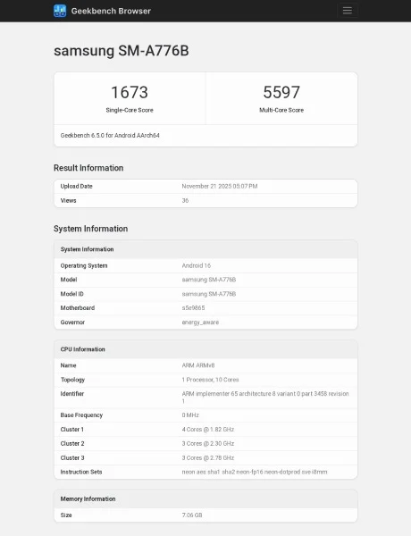 Samsung Galaxy A77 Geekbench