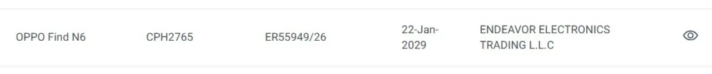 Oppo Find N6 TDRA listing