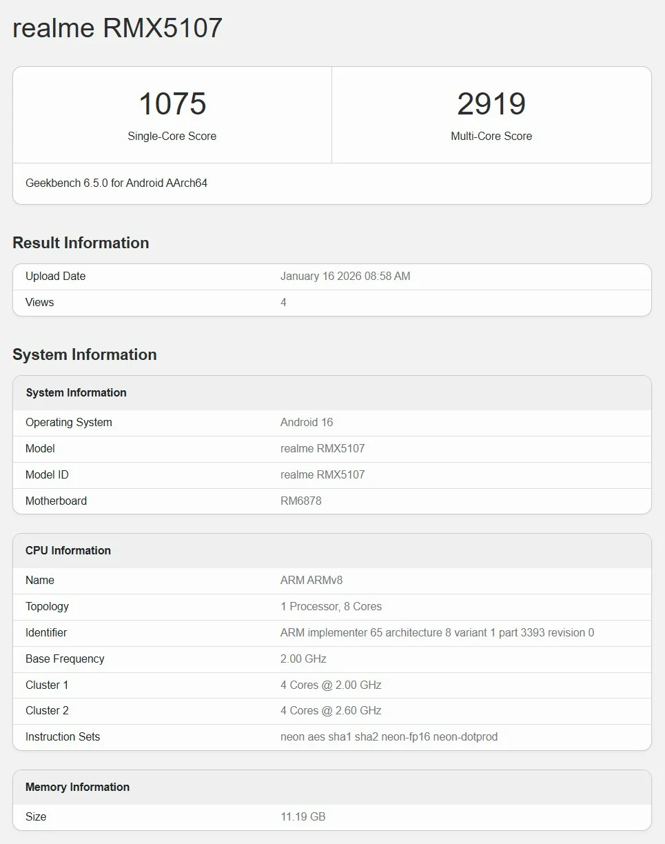 Realme P4 Power Geekbench