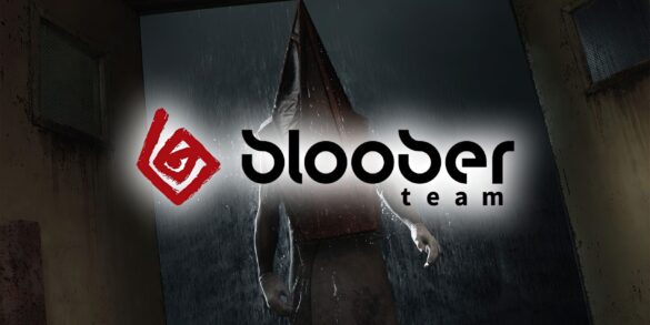 Bloober Team logo displayed on a dark, eerie background with a mysterious figure.