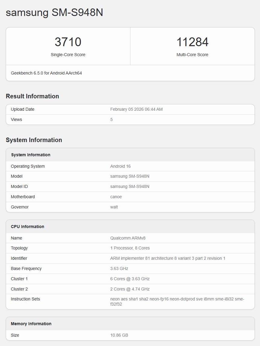 Samsung Galaxy S26 Ultra Korean variant Geekbench-