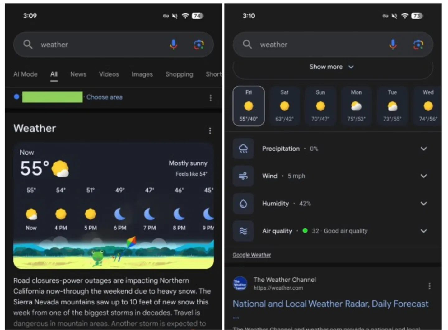 الطقس في تطبيق جوجل