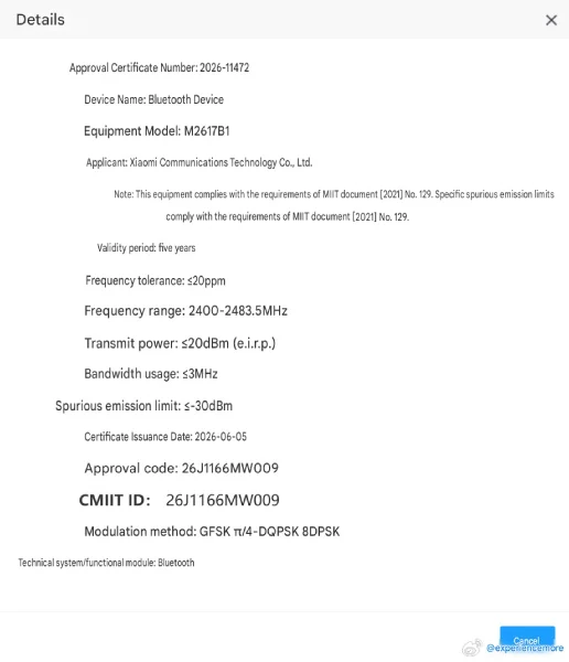 Xiaomi Smart Band 11 NFC Certification